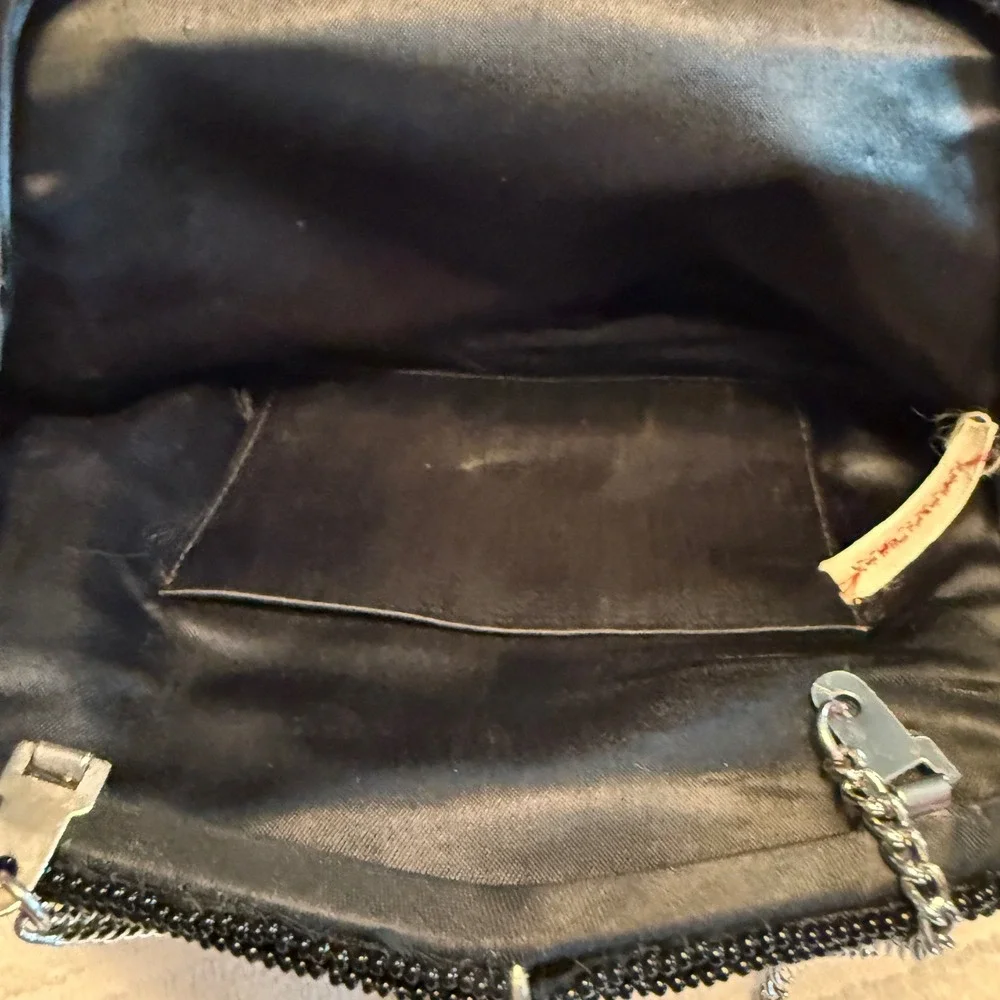Vintage‎ Made in Japan Black Beaded Evening Purse Rhinestone Clasp Chain Handle